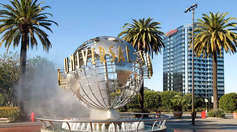 The Universal globe and fountain at the entrance to Universal Studios Hollywood